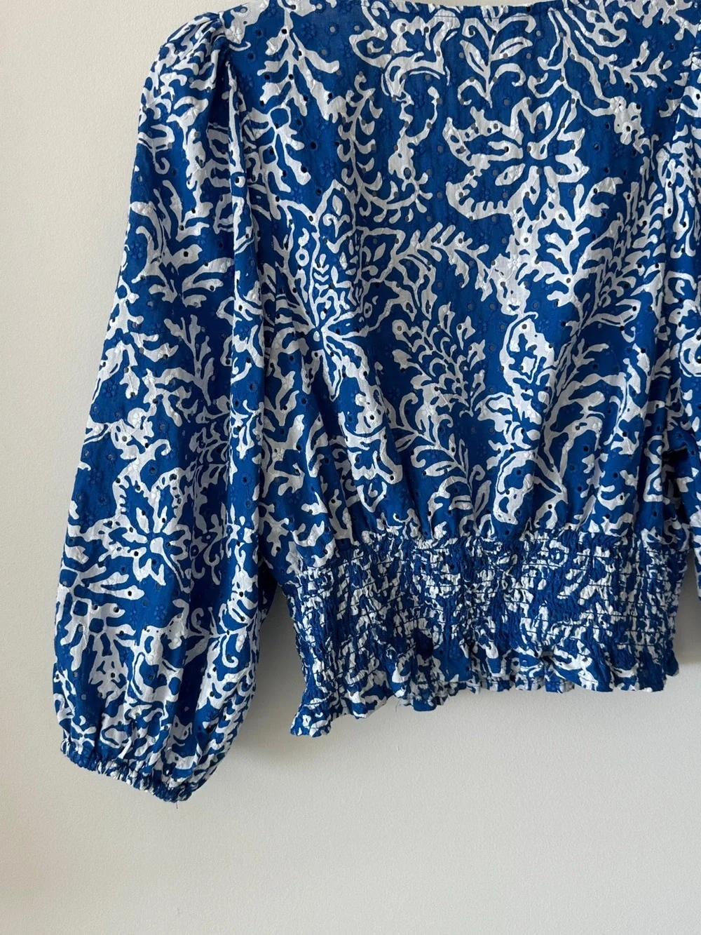 Zara Blue and White Floral Print V-Neck Smocked Waist Blouse